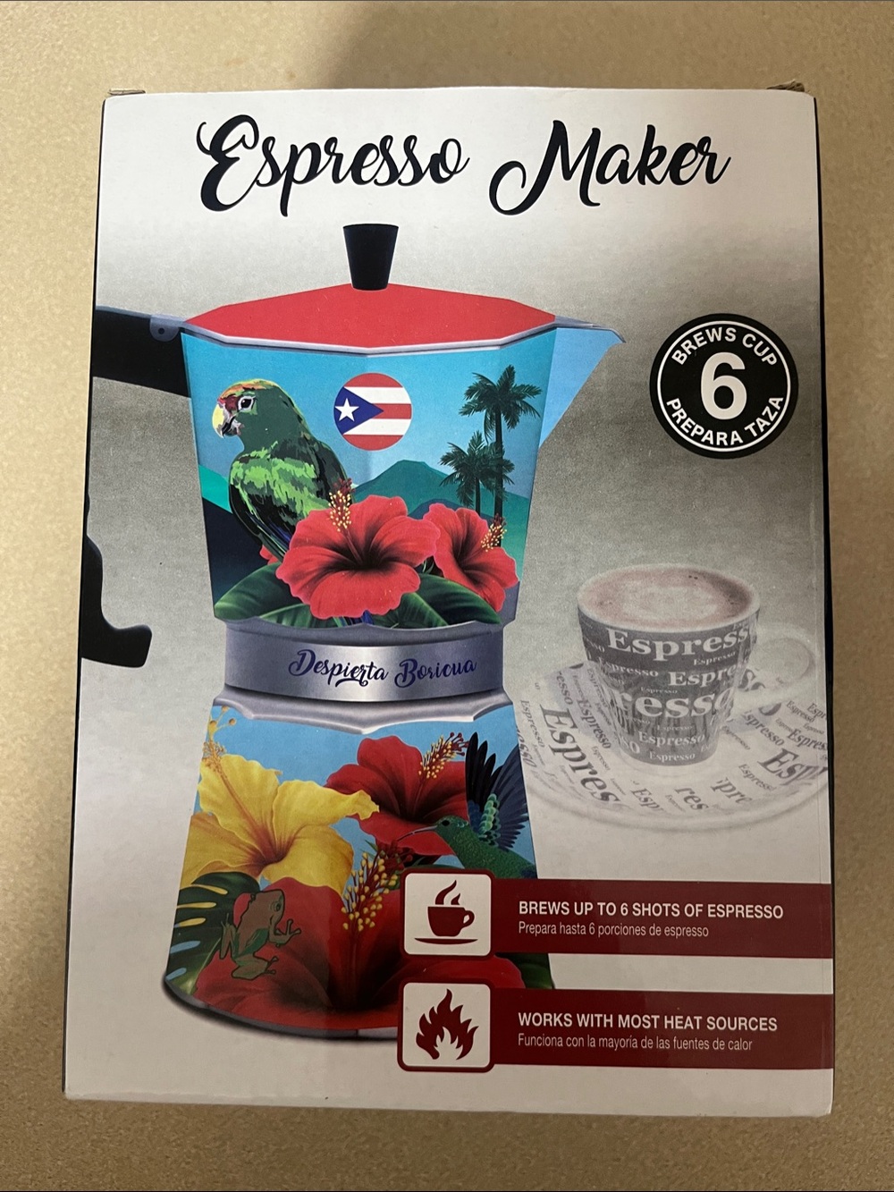 Espresso Maker - Puerto Rico Tropical Floral Blue & Red Design ( Greca)